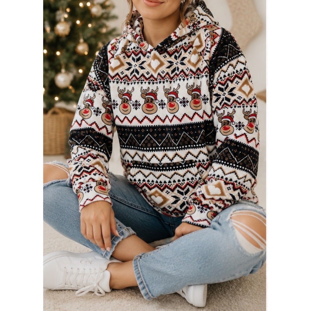No Boundaries Reindeer Fair Isle Fleece Hoodie Christmas Pullover Small 4-6